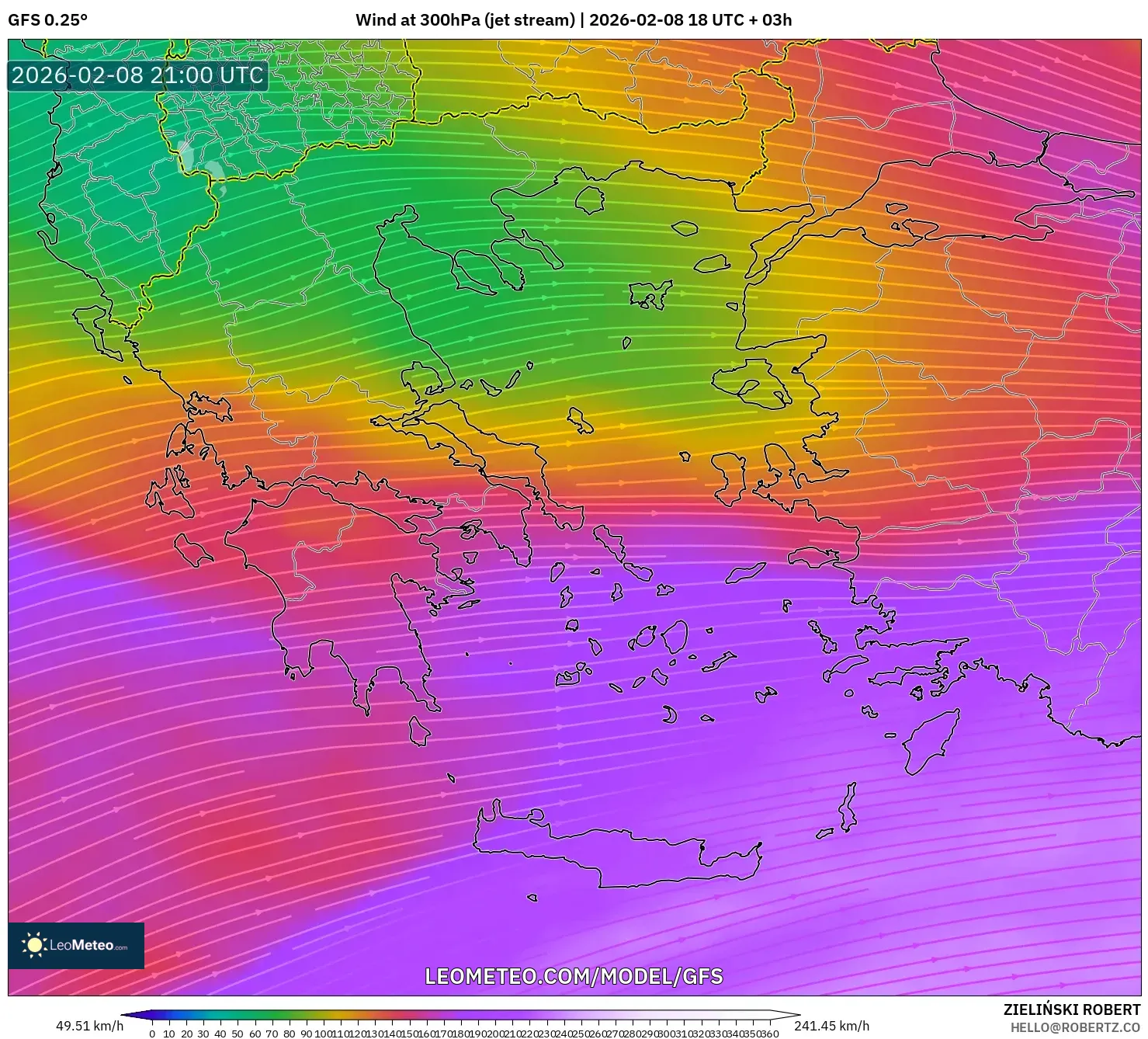 GFS model - Yunani, Angin 300 hPa (aliran jet)