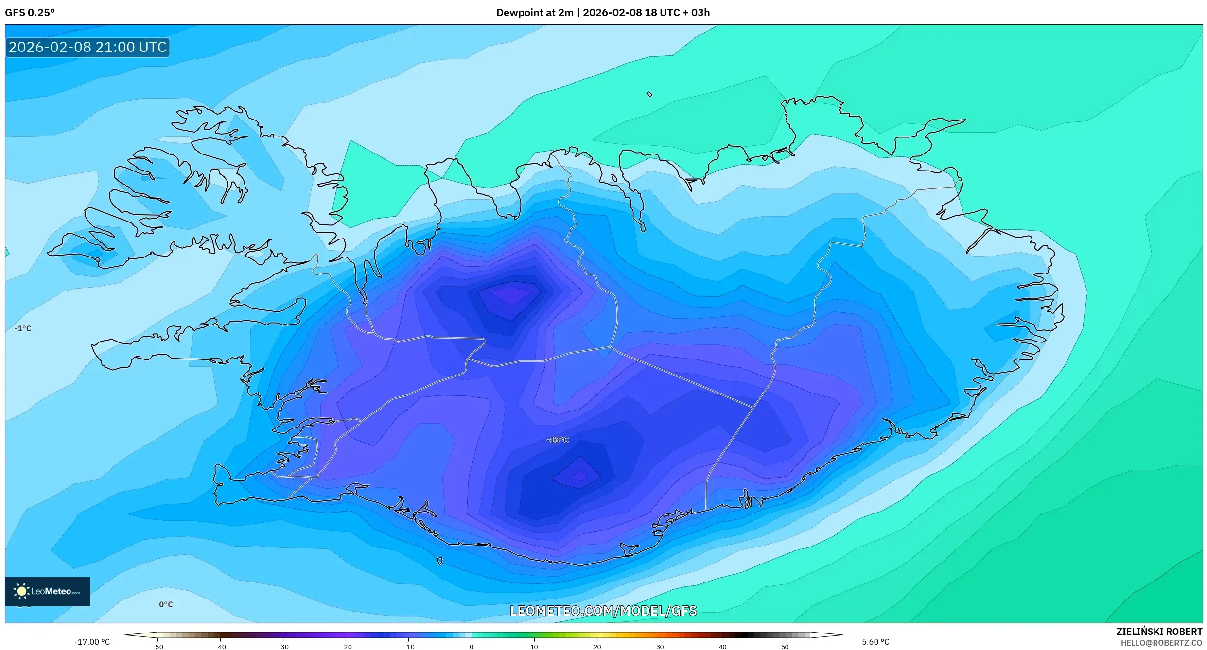 GFS model - Iceland, Dewpoint at 2m