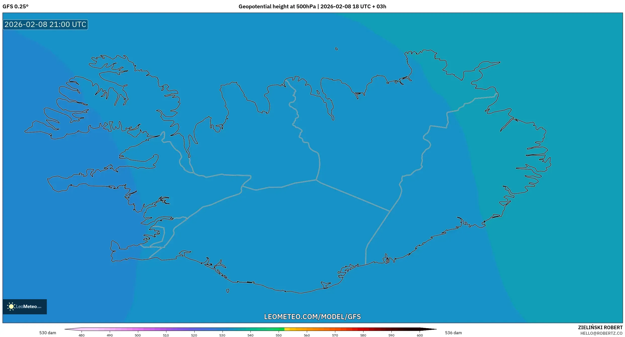 GFS model - Iceland, Geopotential height at 500hPa
