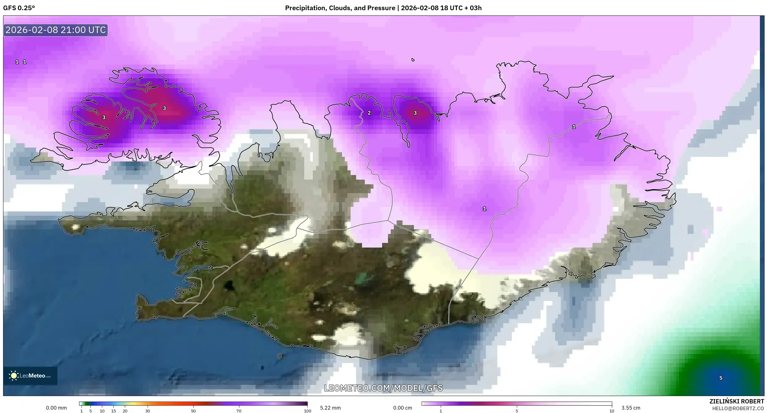 GFS model - Iceland, Hujan, Awan dan Tekanan