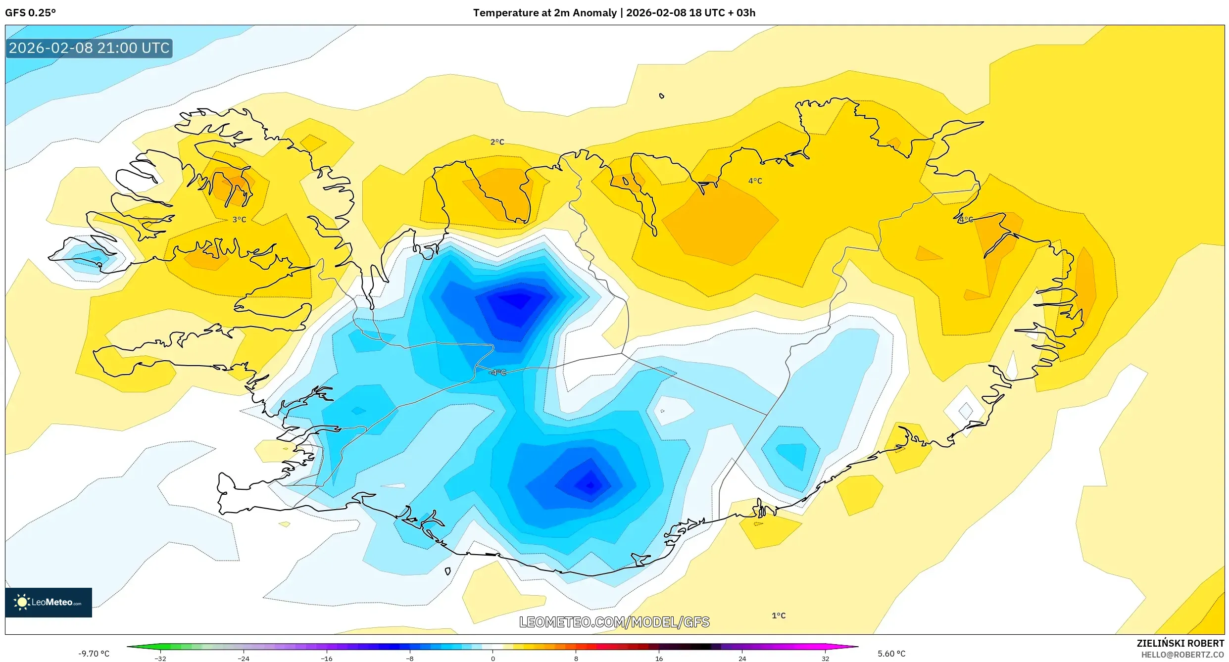 GFS model - Iceland, Temperature at 2m Anomaly