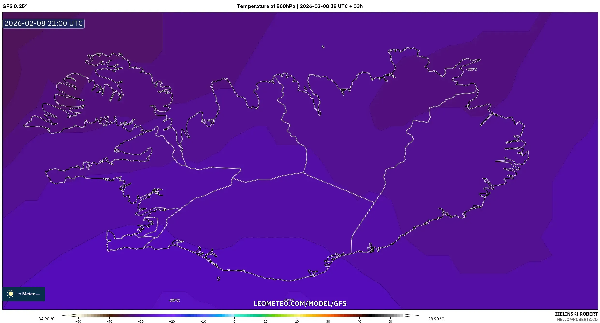 GFS model - Iceland, Temperature at 500hPa