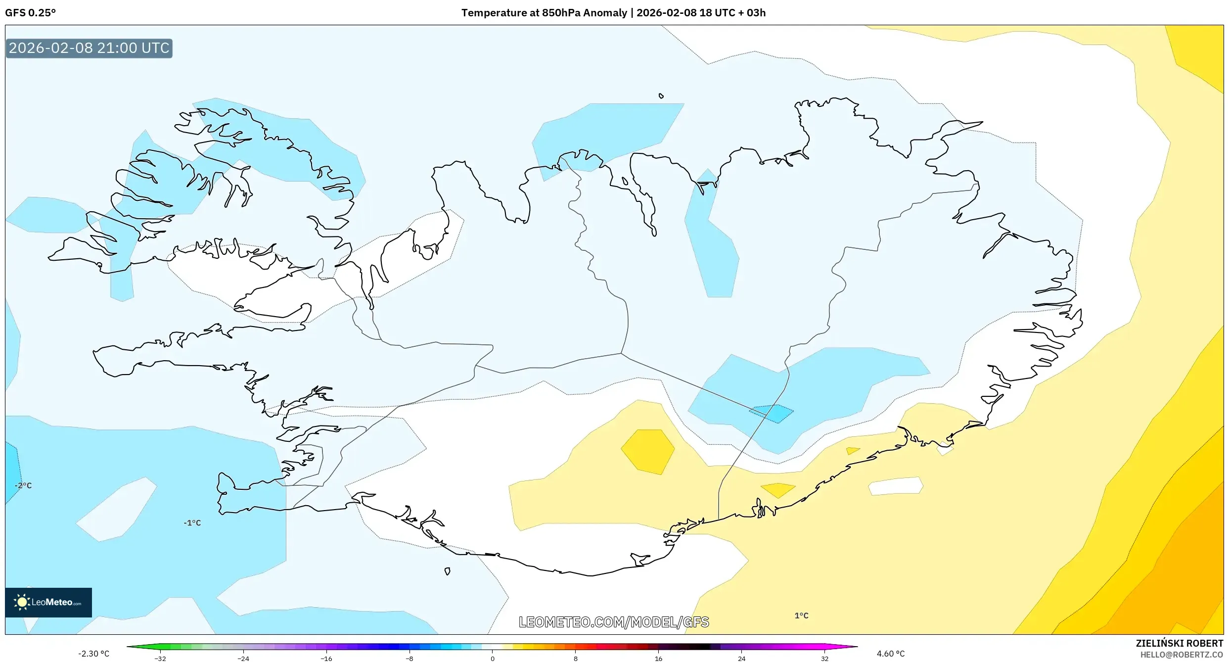 GFS model - Islandia, Anomali Suhu 850 hPa
