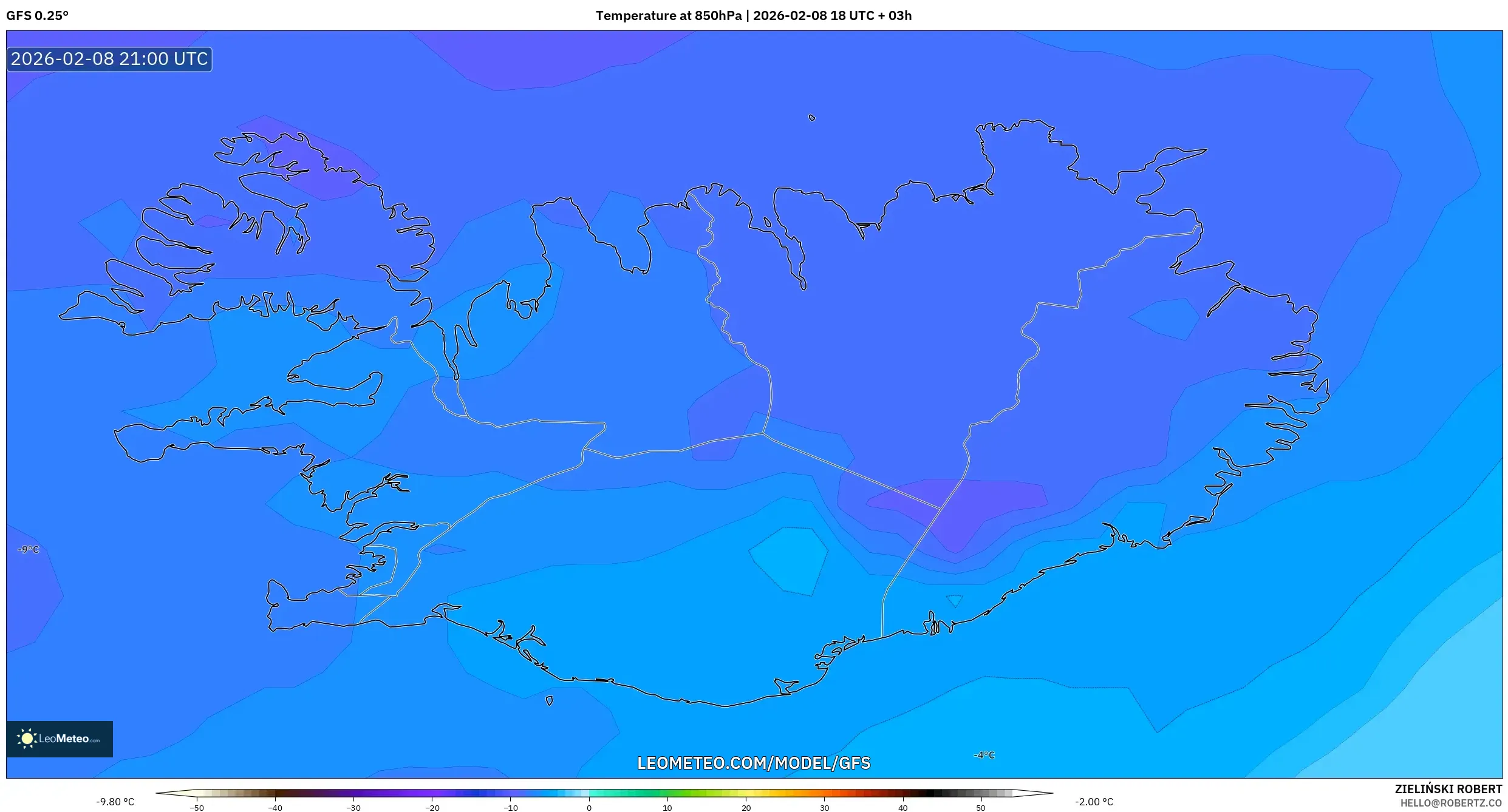 GFS model - Iceland, Temperature at 850hPa