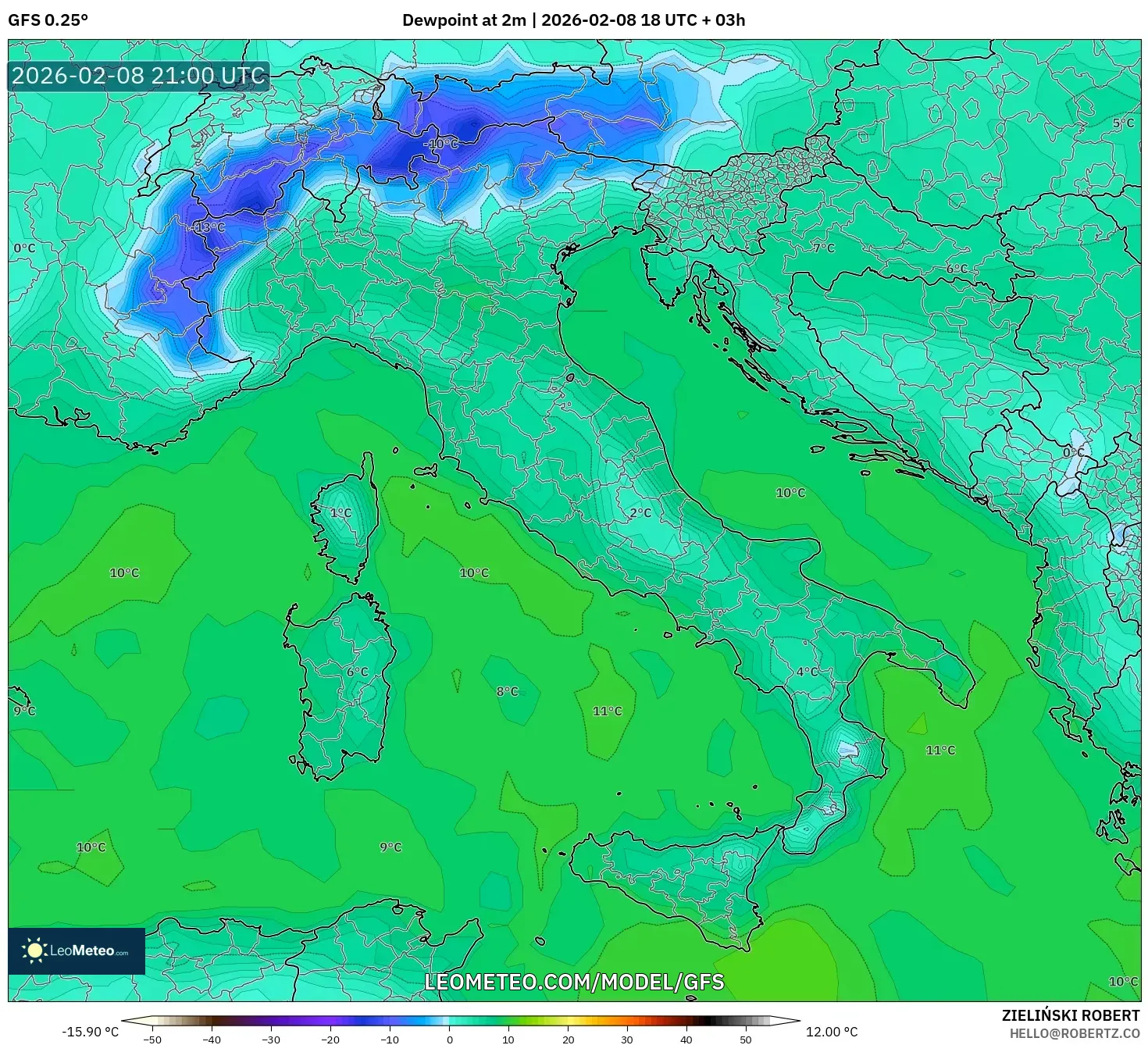 GFS model - Italy, Dewpoint at 2m