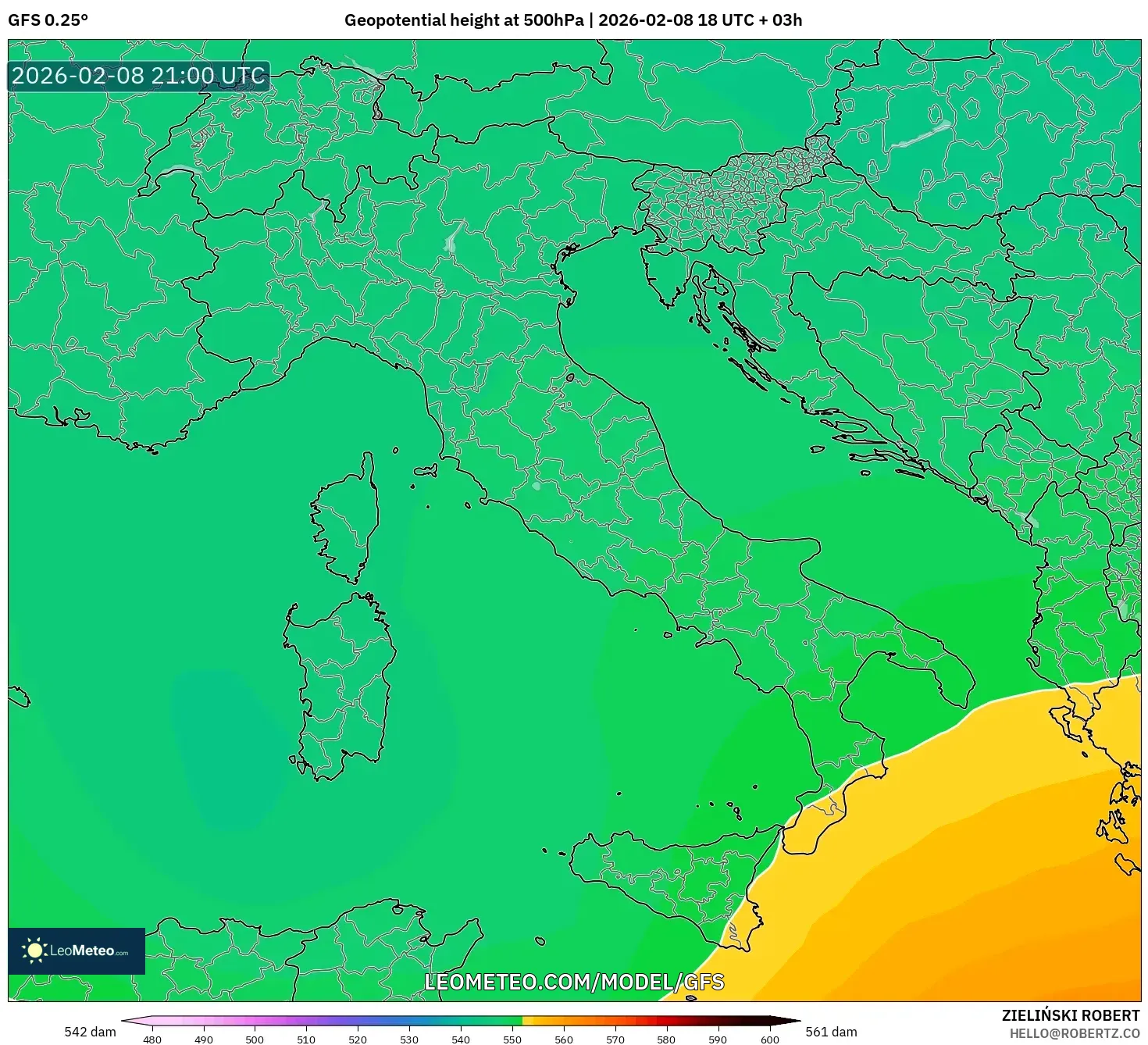 GFS model - Italy, Geopotential height at 500hPa