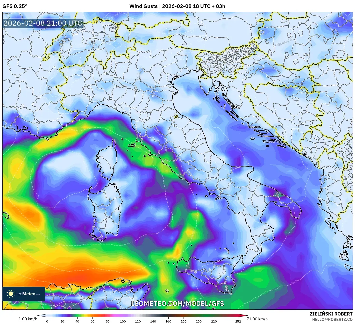 GFS model - Italy, Wind Gusts