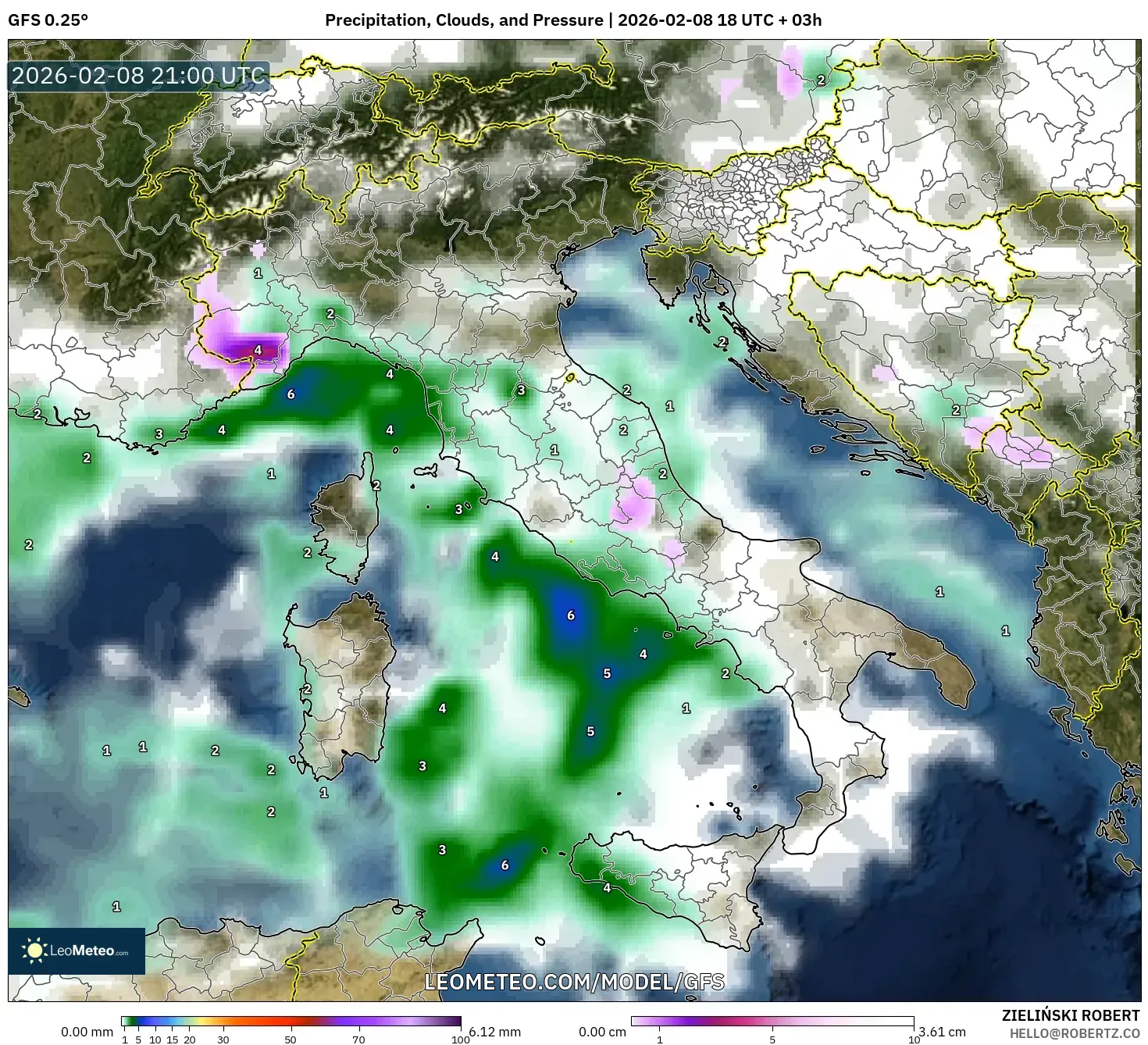GFS model - Italia, Curah Hujan, Awan, dan Tekanan