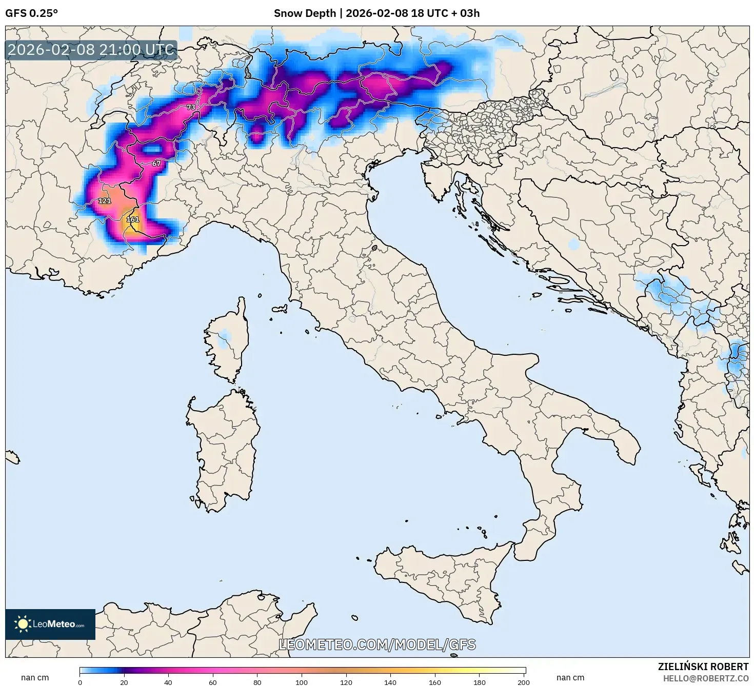 GFS model - Italy, Snow Depth