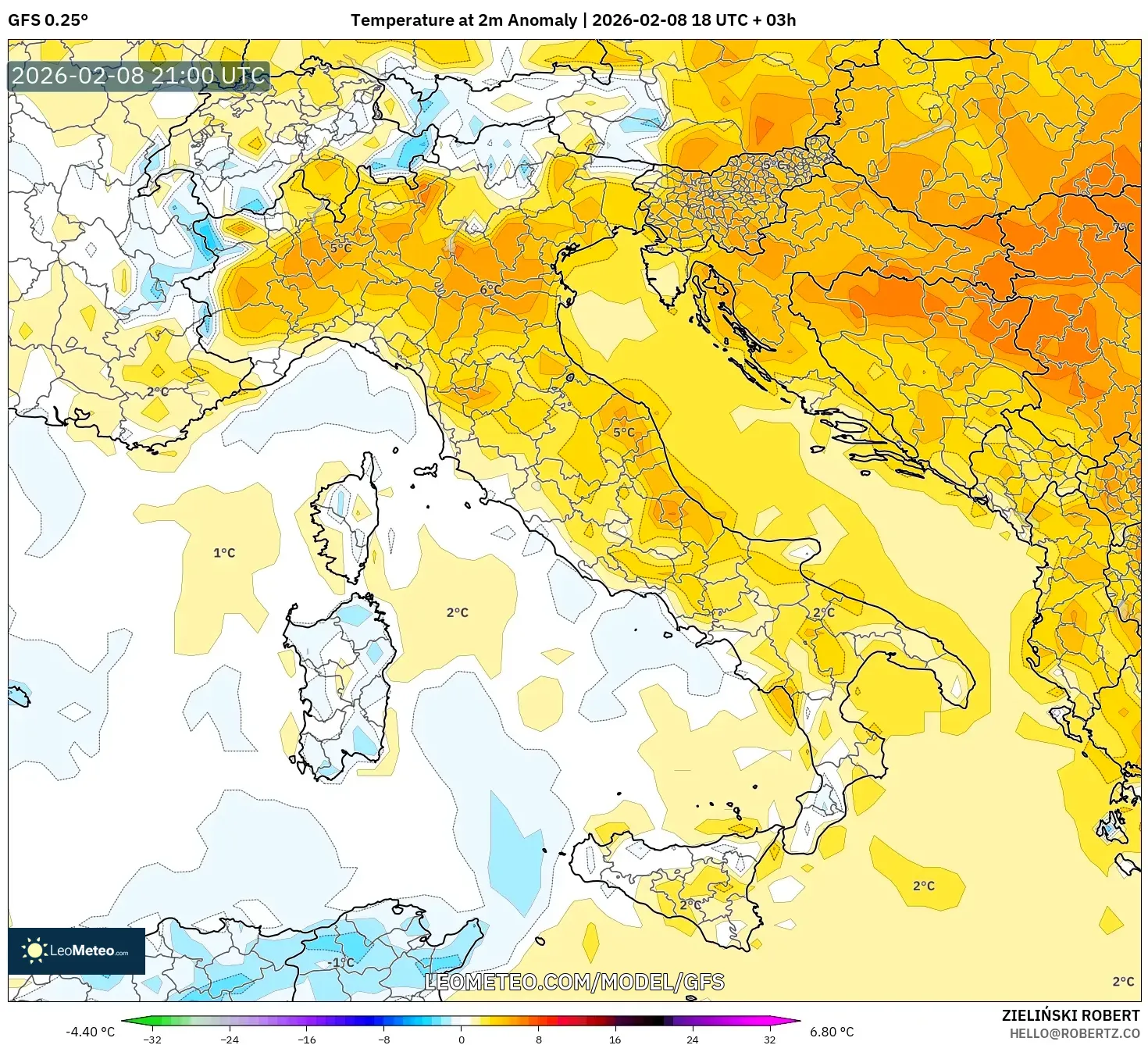 GFS model - Italia, Anomali Suhu 2 m