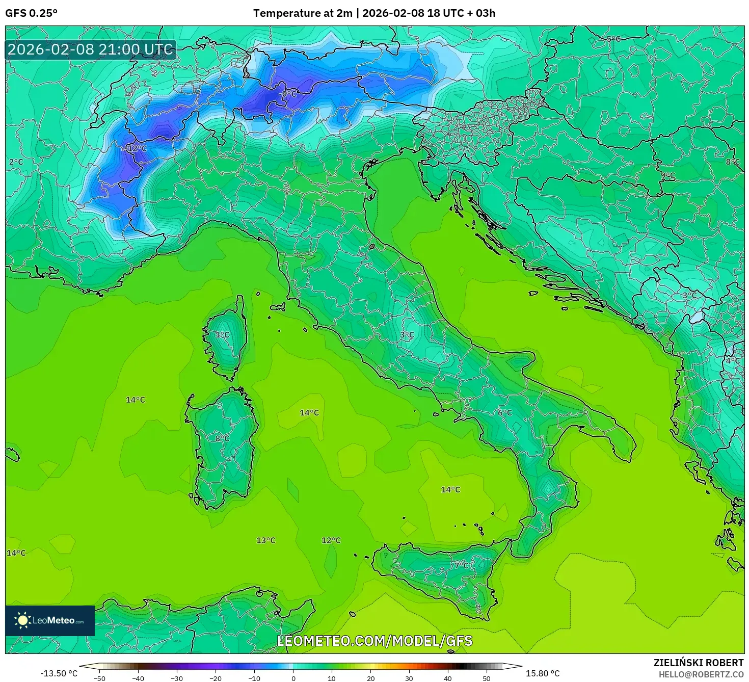GFS model - Italy, Temperature at 2m