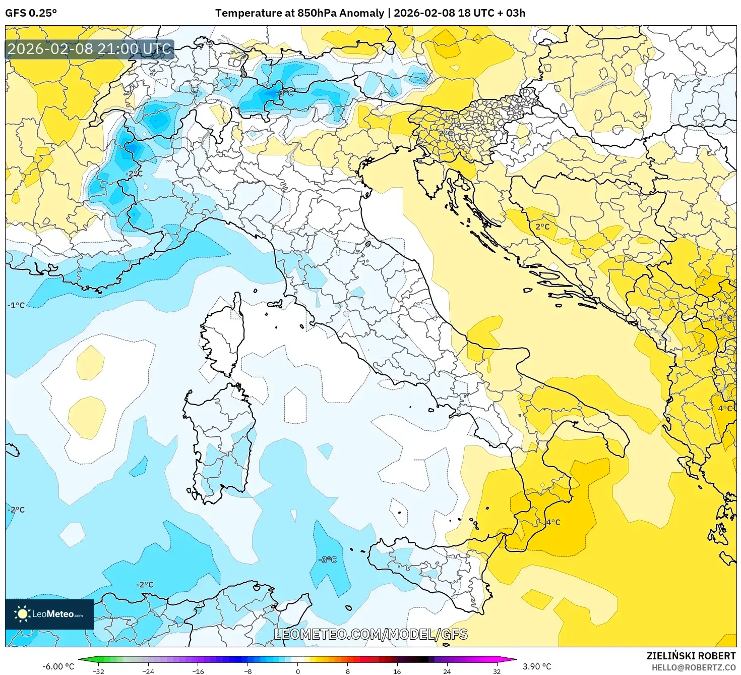 GFS model - Italia, Anomali Suhu 850 hPa