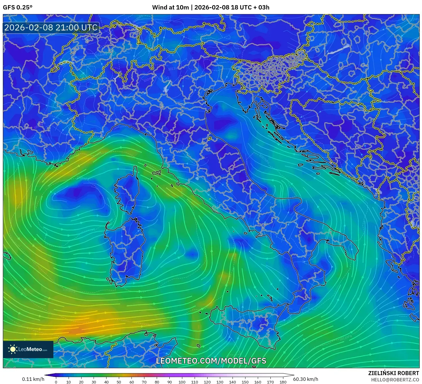 GFS model - Italia, Angin 10 m