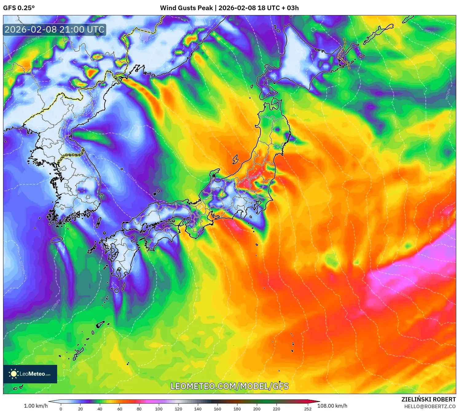 GFS model - Japan, Wind Gusts Peak