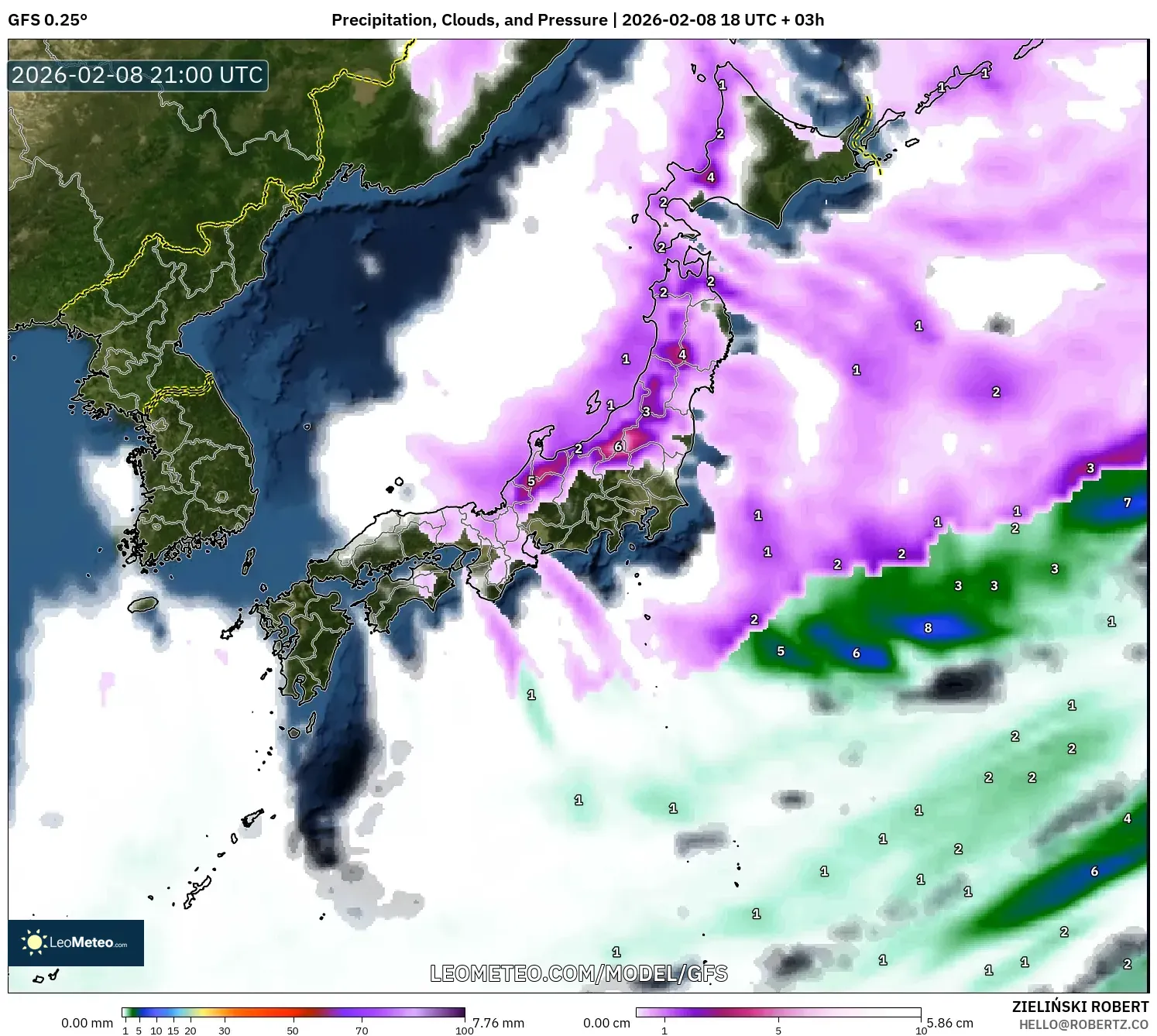 GFS model - Jepun, Hujan, Awan dan Tekanan