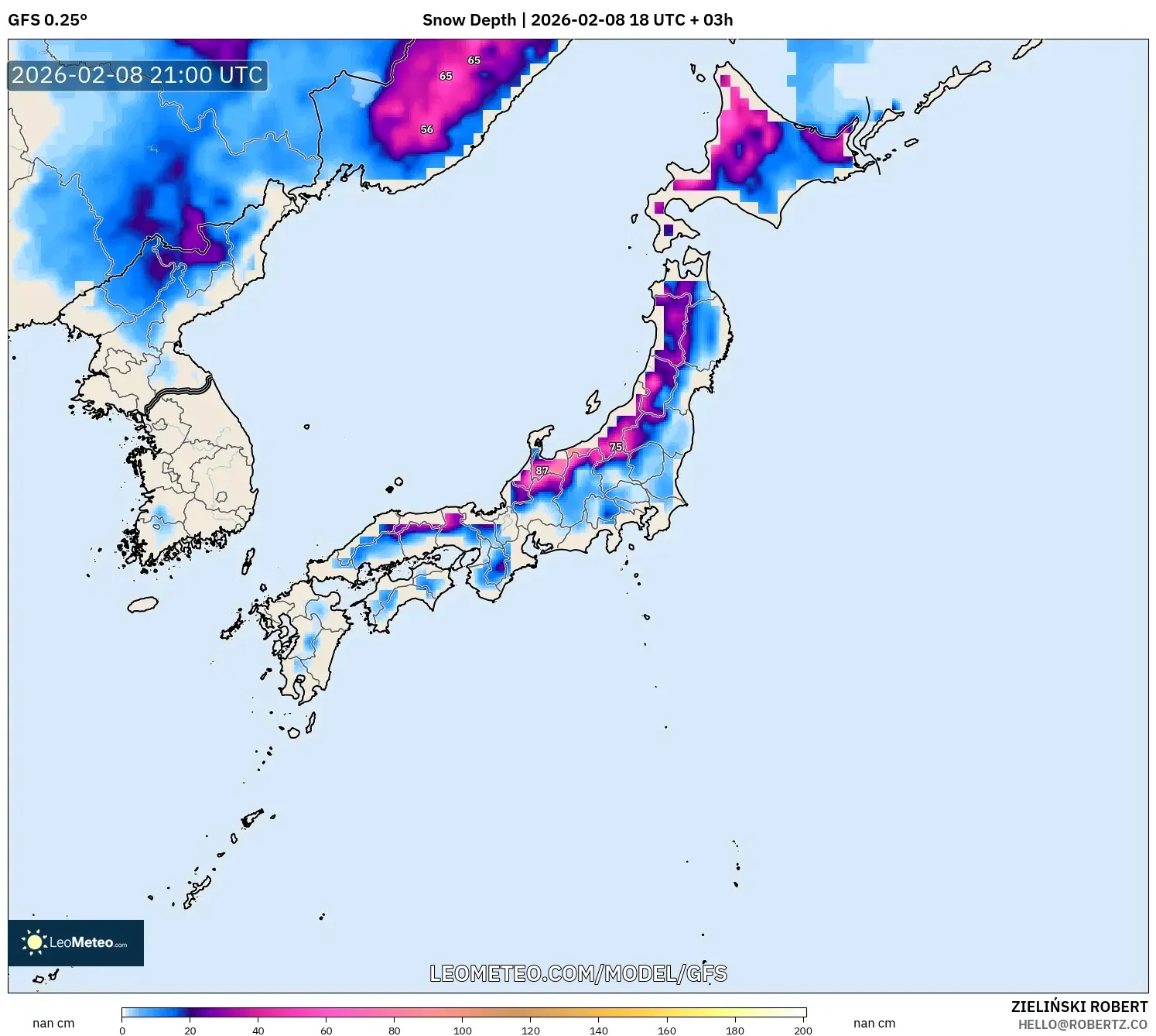GFS model - Japan, Snow Depth
