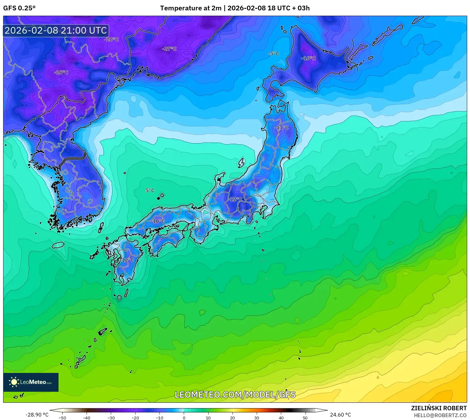 GFS model - Japan, Temperature at 2m