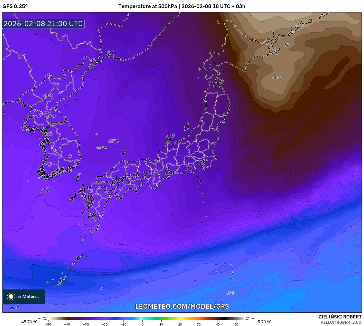 GFS model - Japan, Temperature at 500hPa