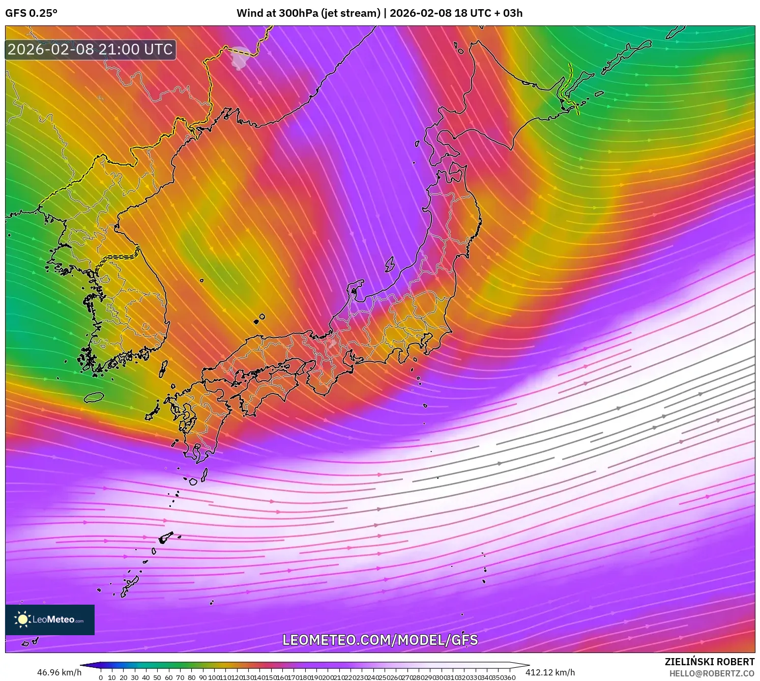 GFS model - Jepang, Angin 300 hPa (aliran jet)