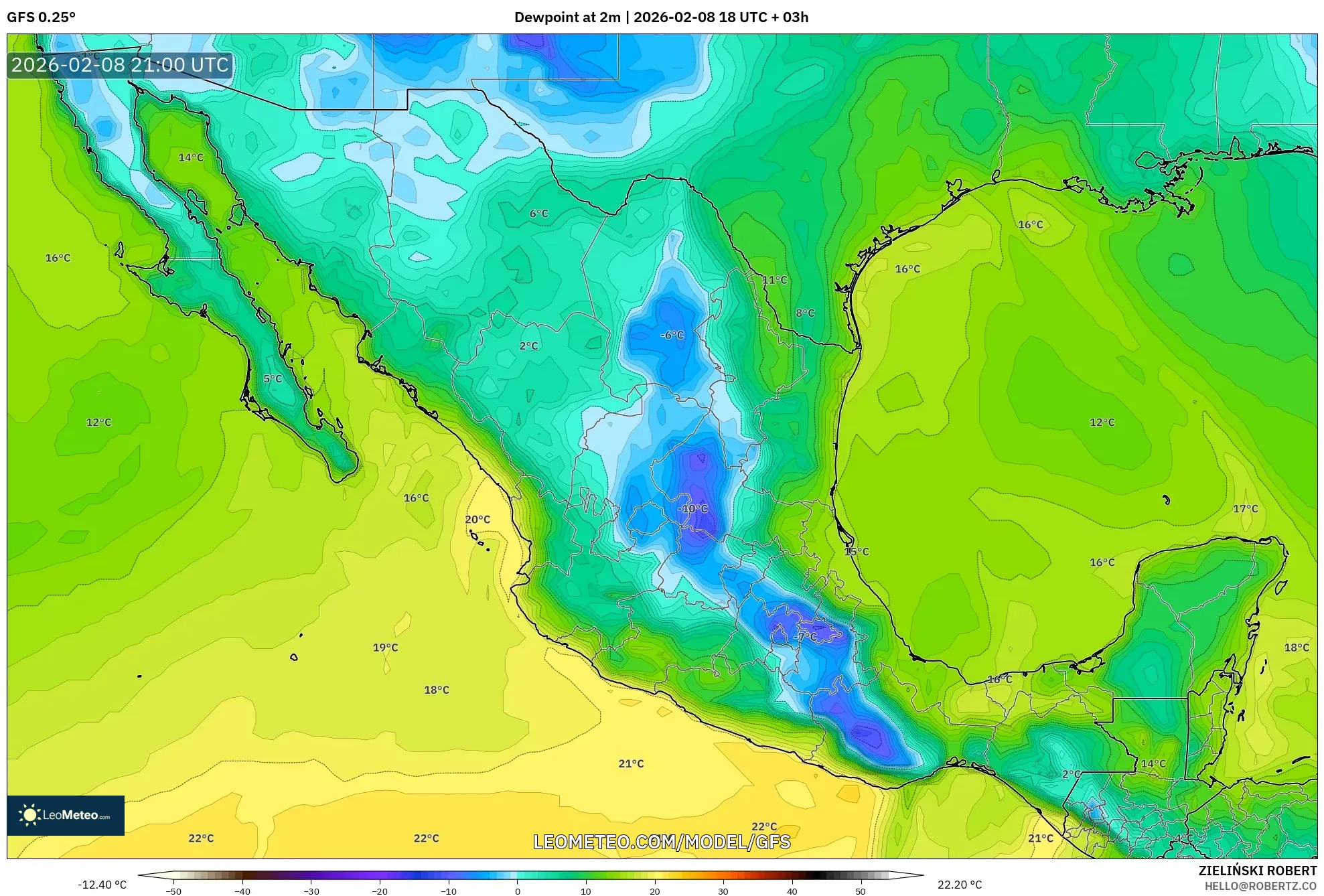 GFS model - Mexico, Dewpoint at 2m