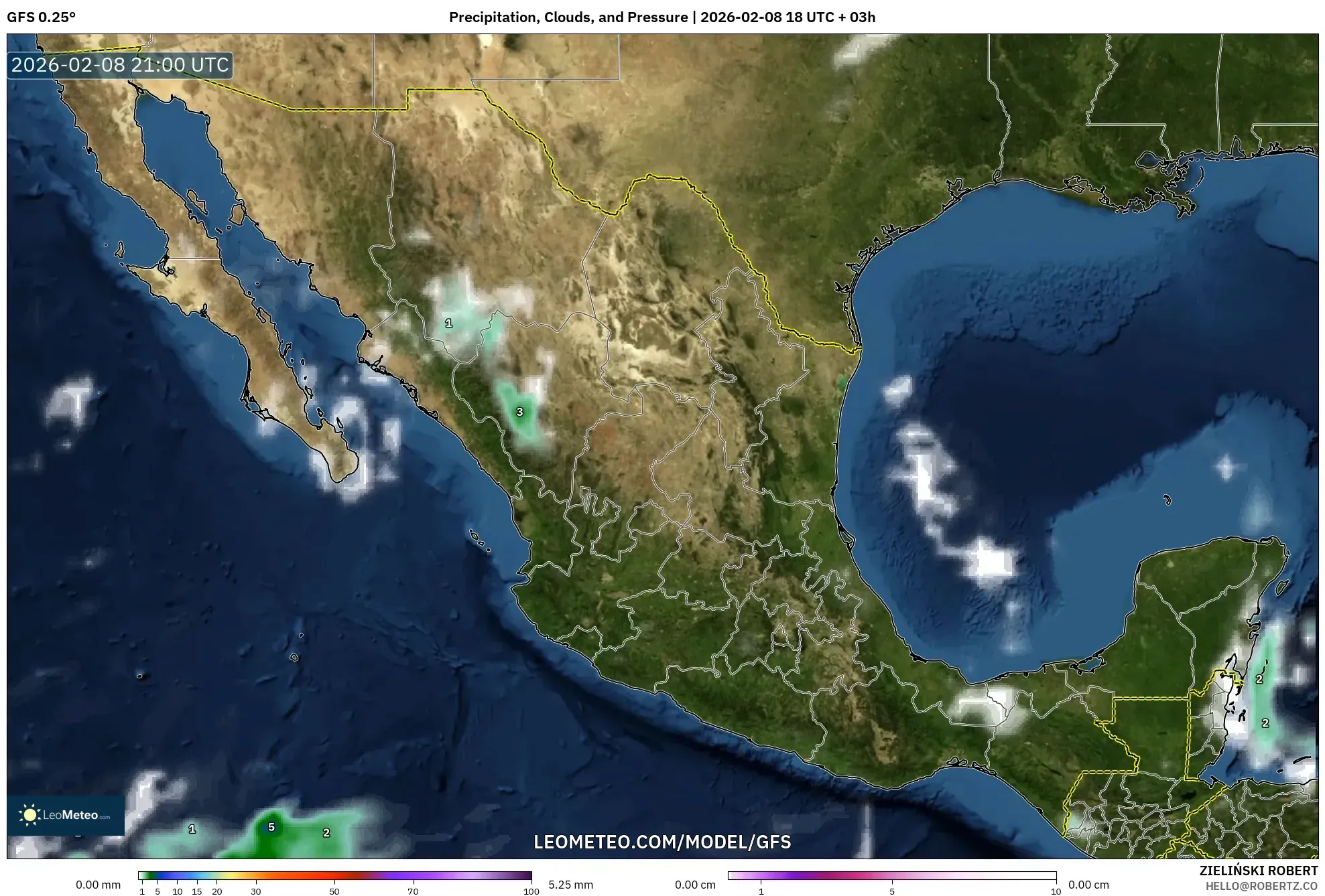 GFS model - Mexico, Hujan, Awan dan Tekanan