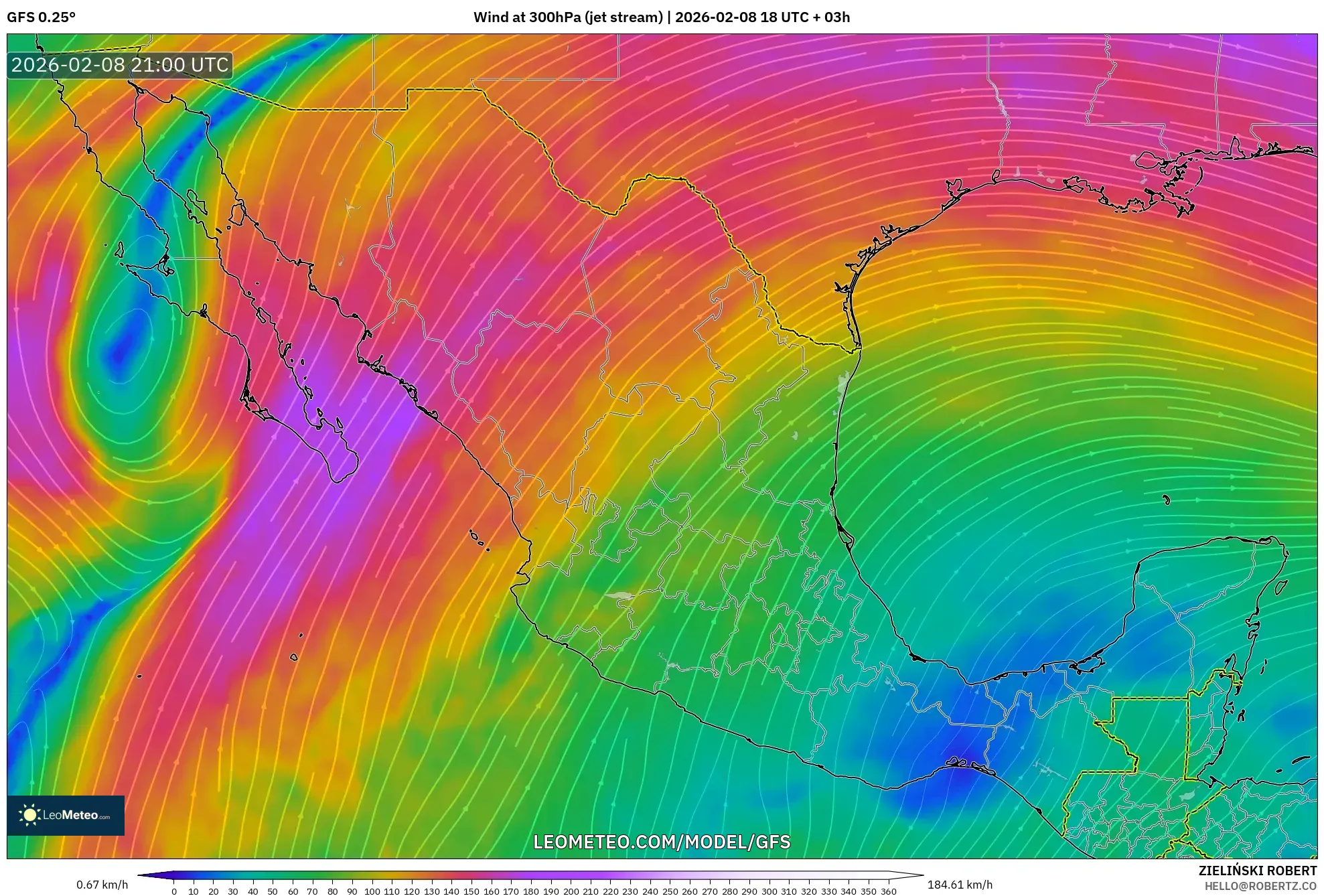 GFS model - Meksiko, Angin 300 hPa (aliran jet)