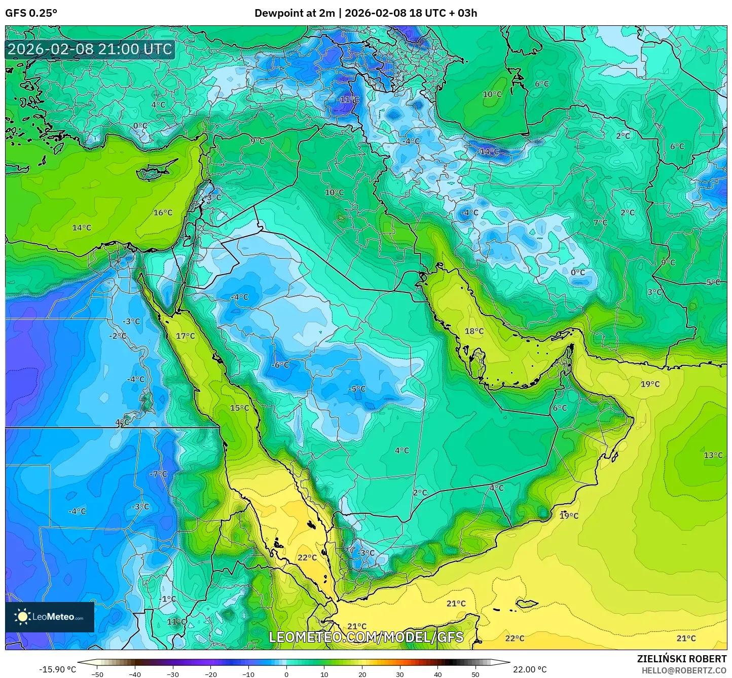 GFS model - Timur Tengah, Titik Embun 2 m