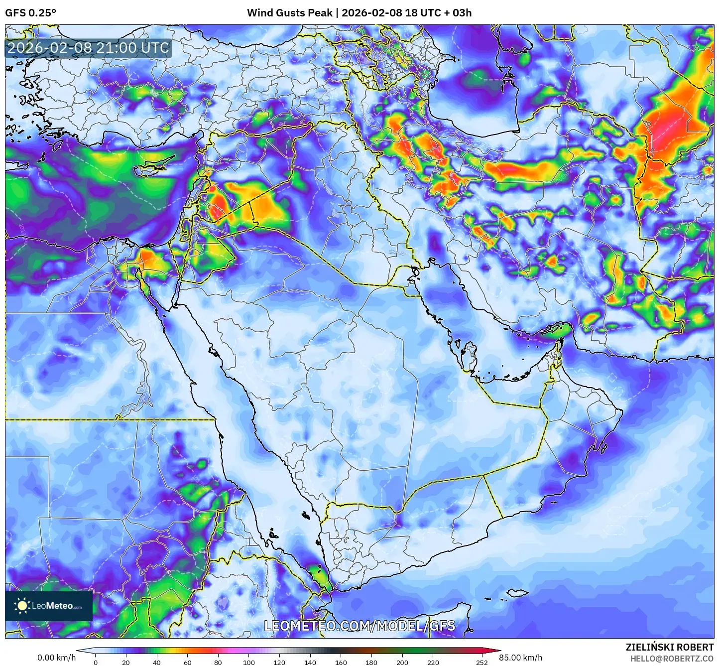 GFS model - Middle East, Wind Gusts Peak