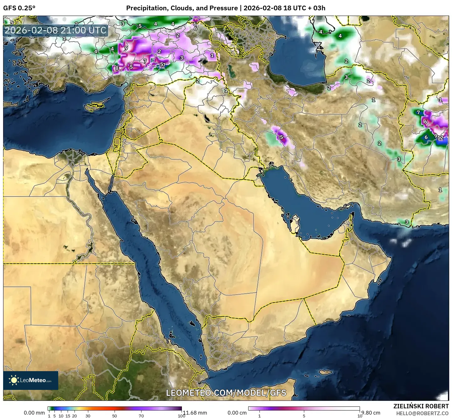 GFS model - Timur Tengah, Hujan, Awan dan Tekanan