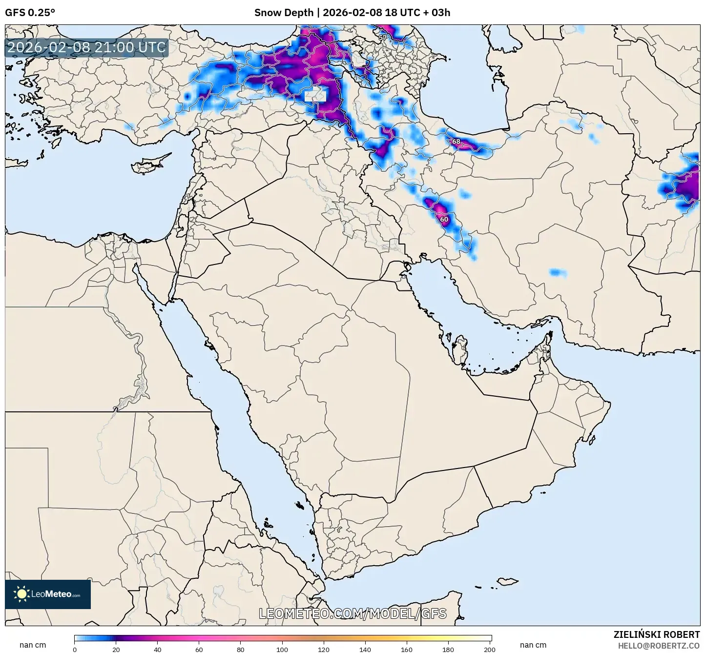 GFS model - Middle East, Snow Depth