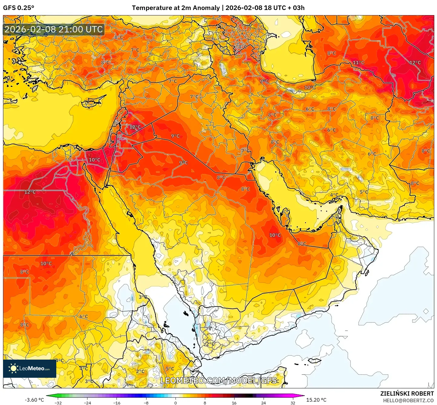 GFS model - Middle East, Temperature at 2m Anomaly