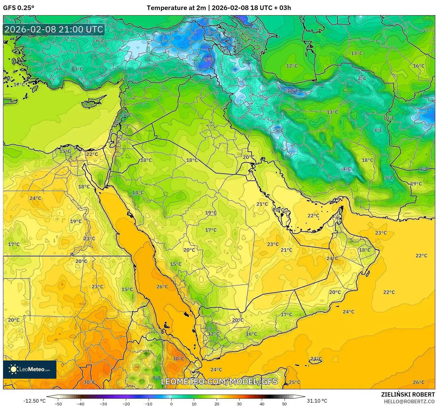 GFS model - Middle East, Temperature at 2m
