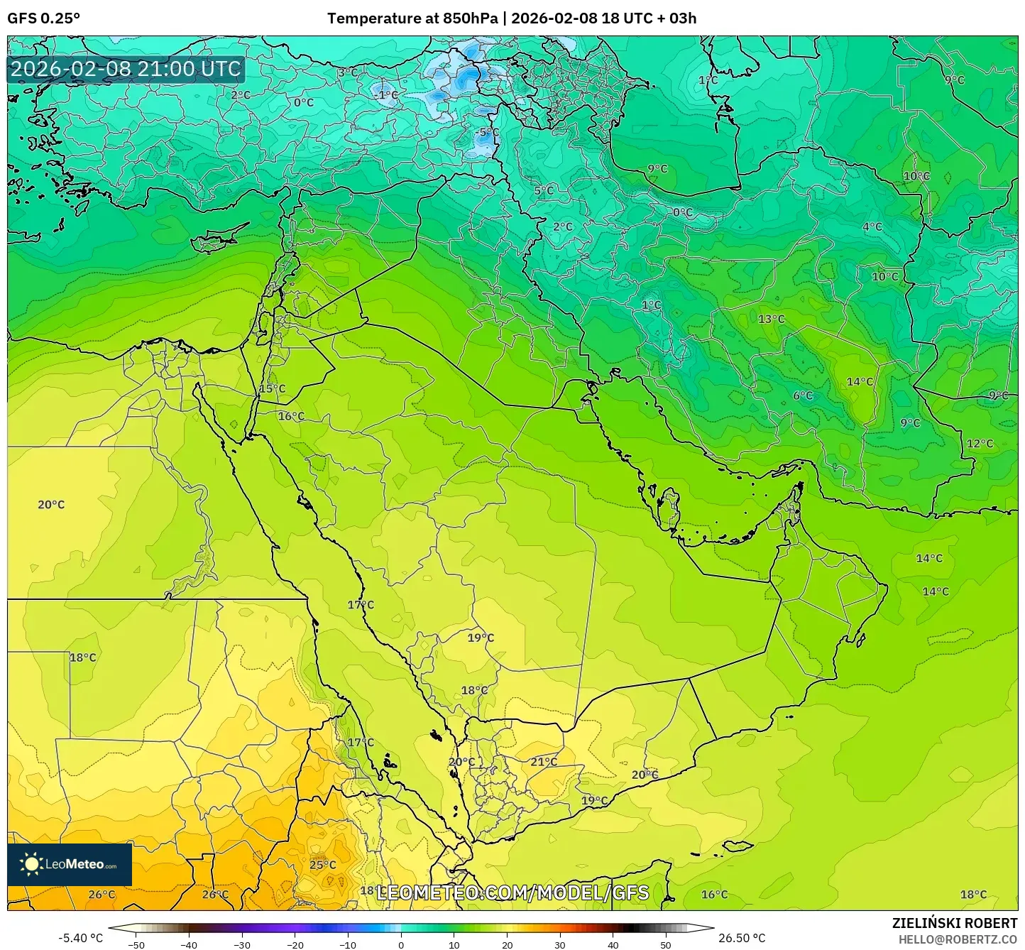 GFS model - Timur Tengah, Suhu 850 hPa