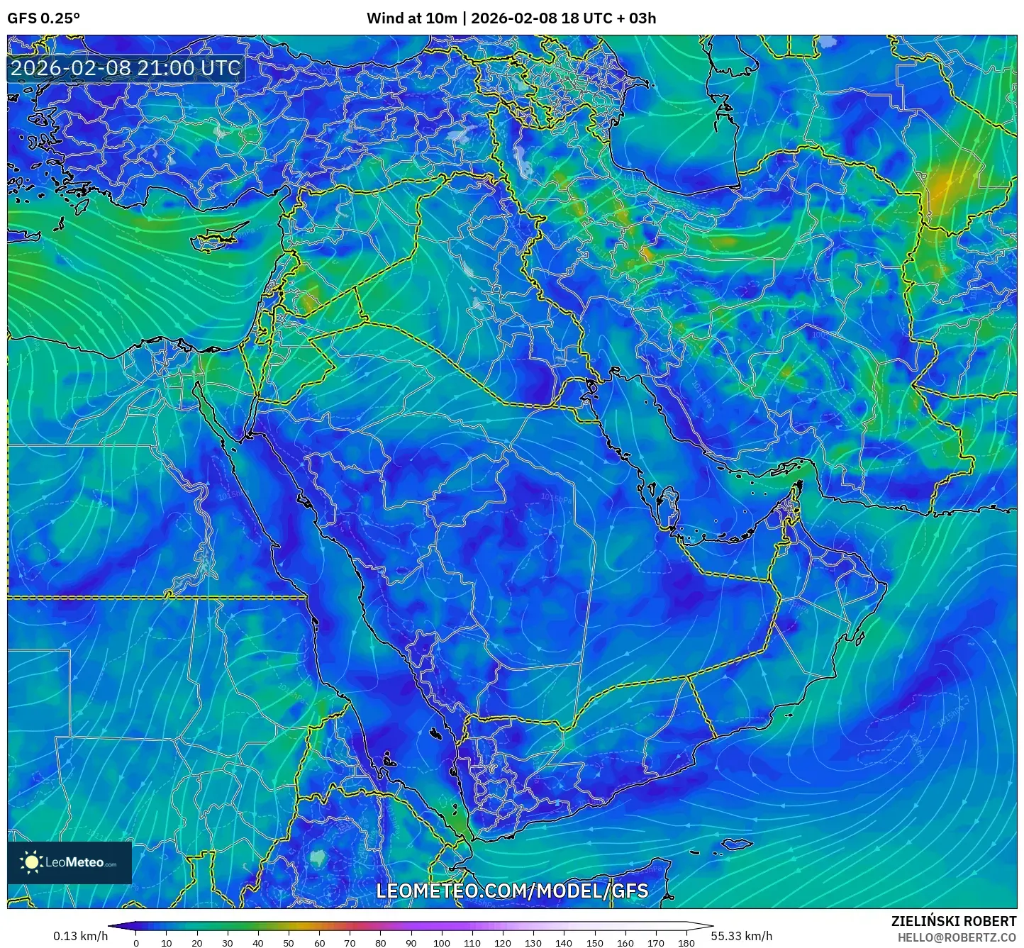 GFS model - Timur Tengah, Angin 10 m