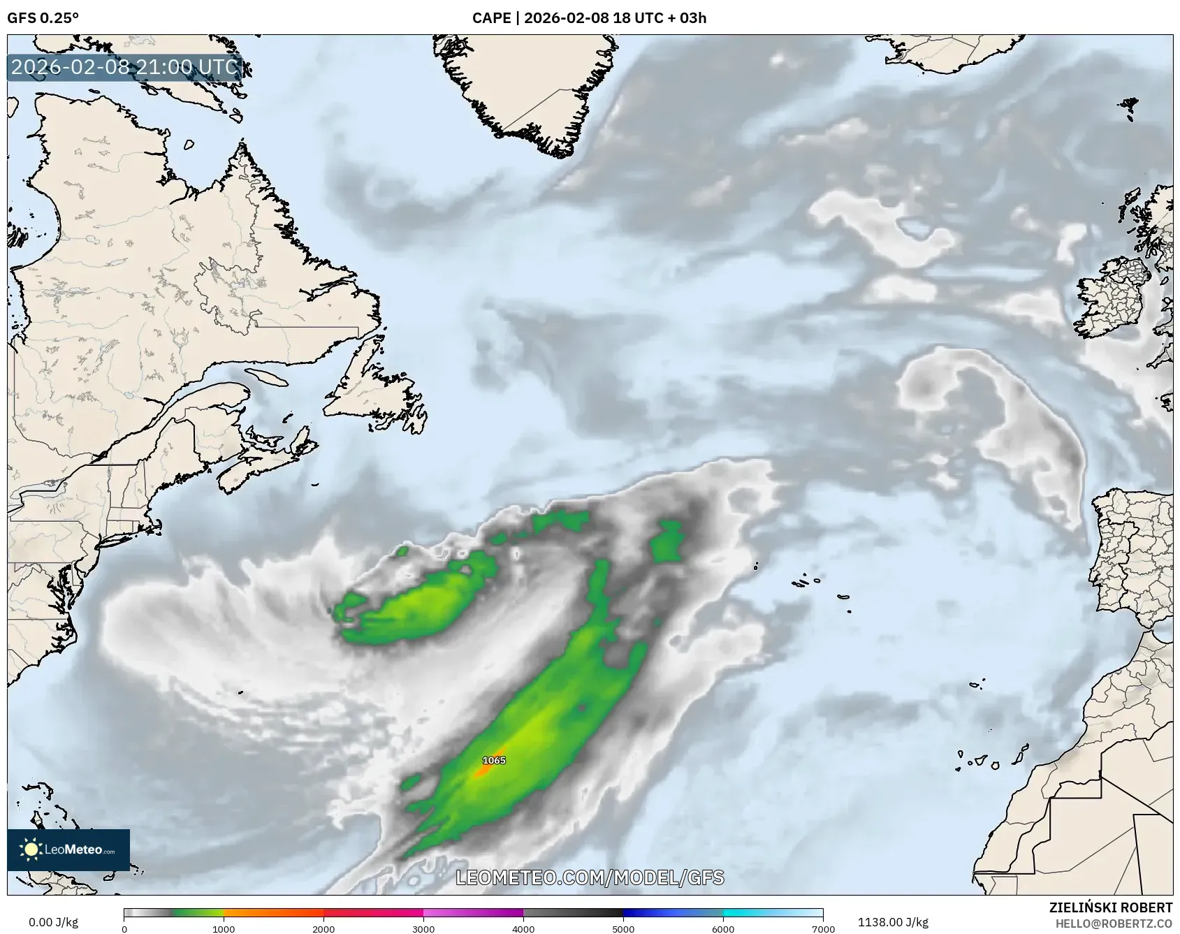 GFS model - North Atlantic, CAPE