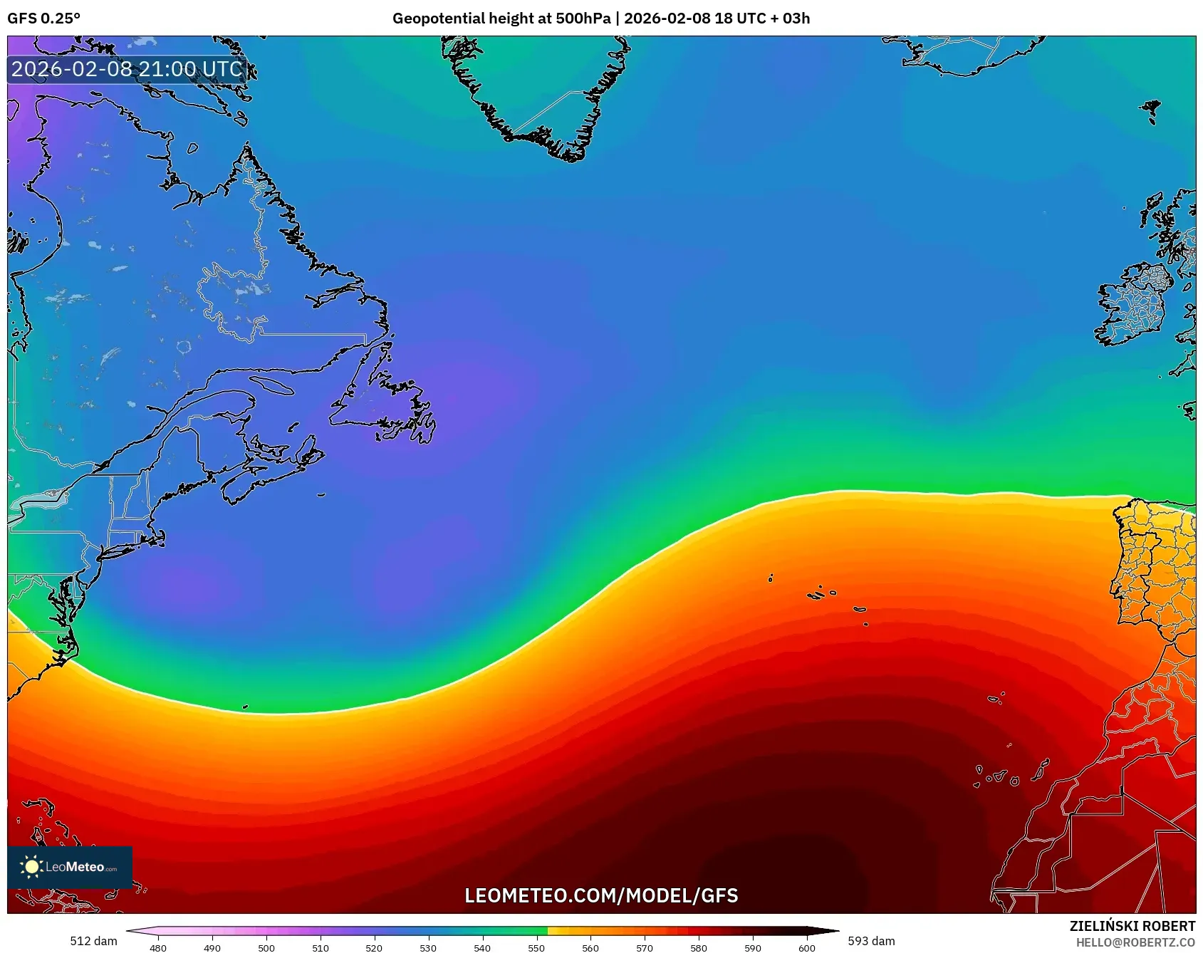 GFS model - North Atlantic, Geopotential height at 500hPa