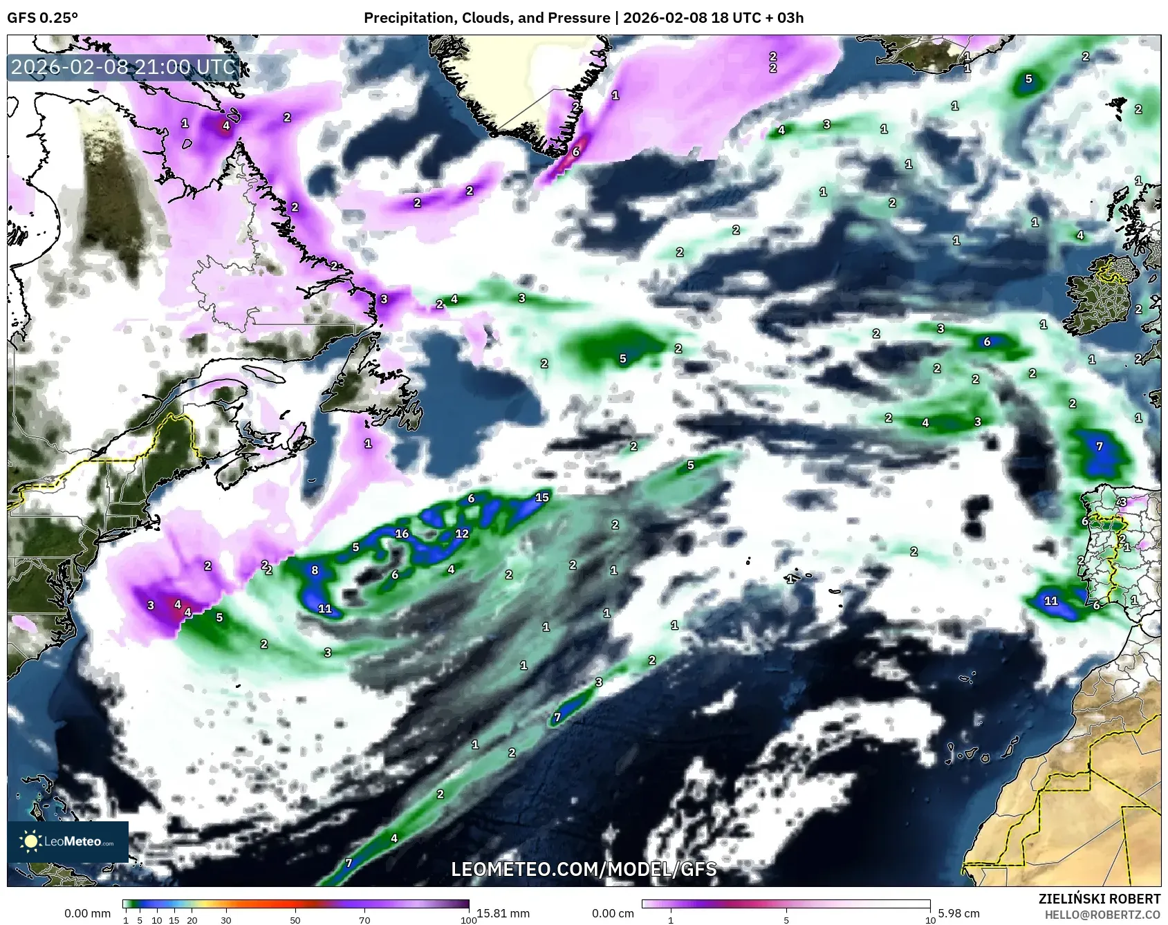 GFS model - Atlantik Utara, Hujan, Awan dan Tekanan