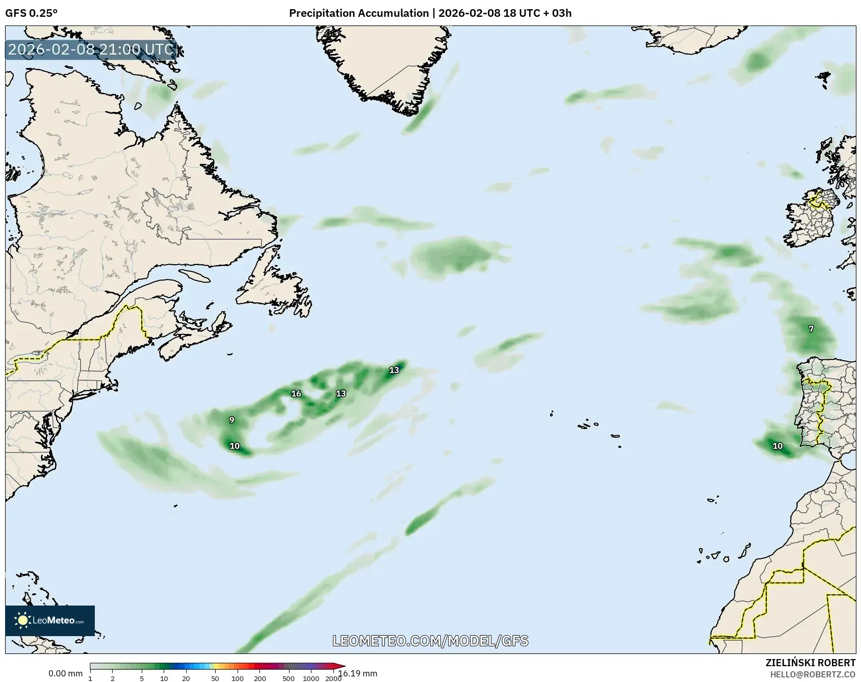GFS model - North Atlantic, Precipitation Accumulation