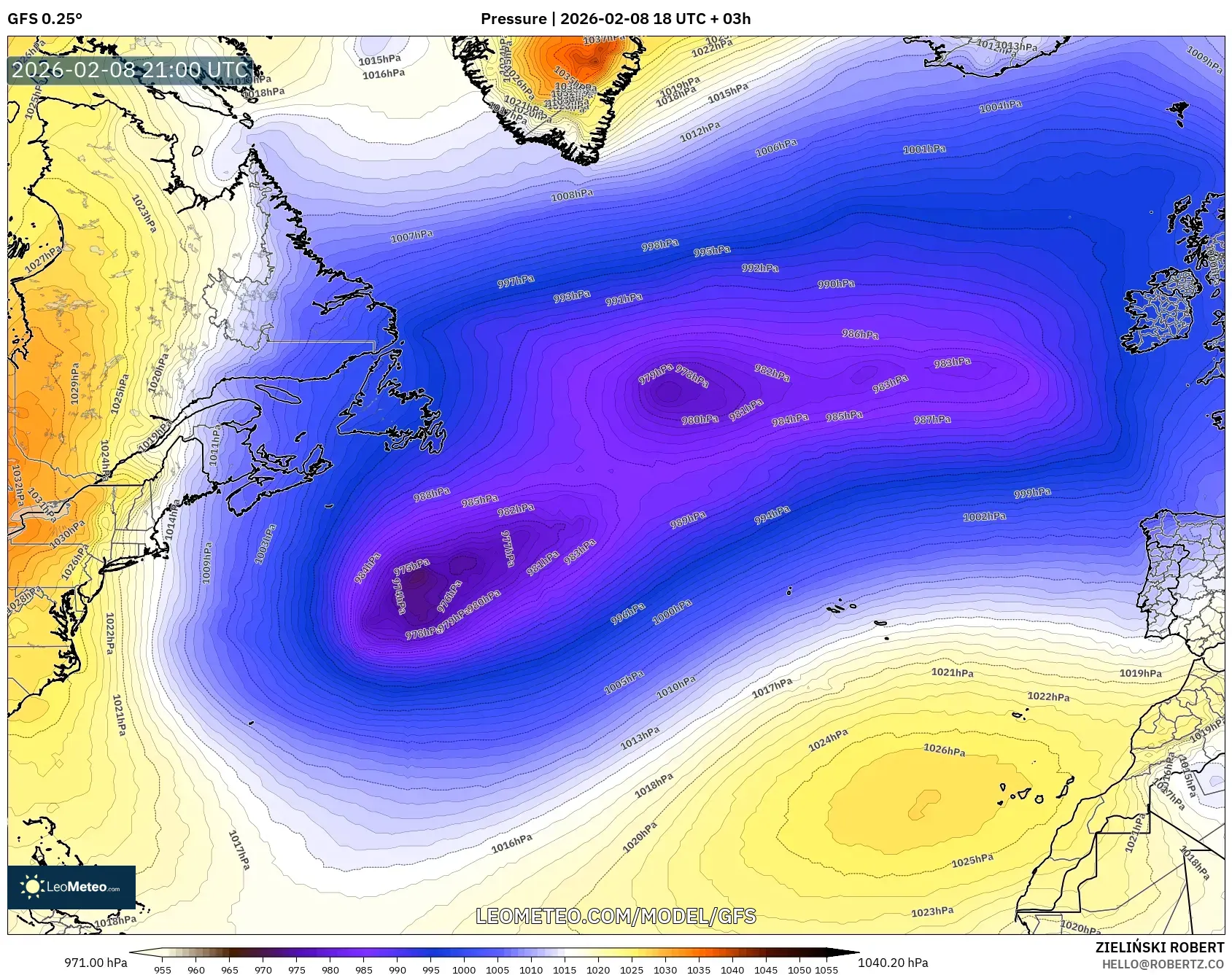 GFS model - North Atlantic, Pressure