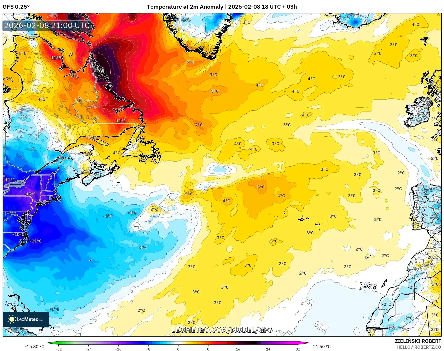 GFS model - North Atlantic, Temperature at 2m Anomaly