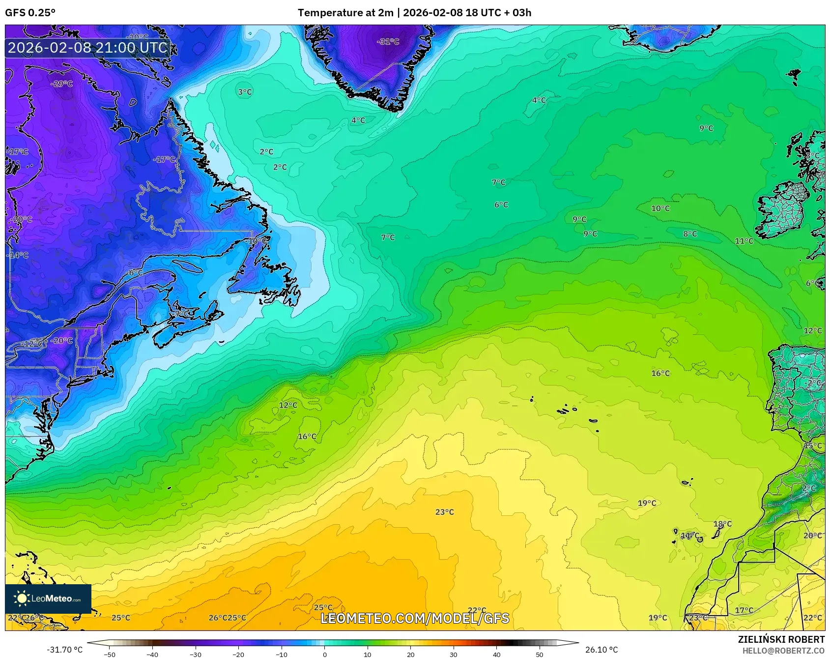 GFS model - North Atlantic, Temperature at 2m