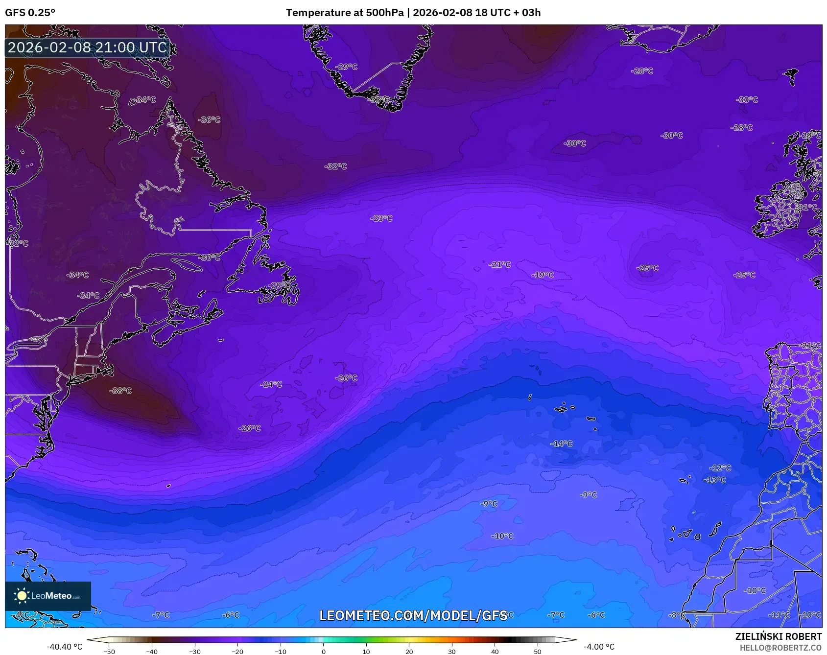 GFS model - North Atlantic, Temperature at 500hPa