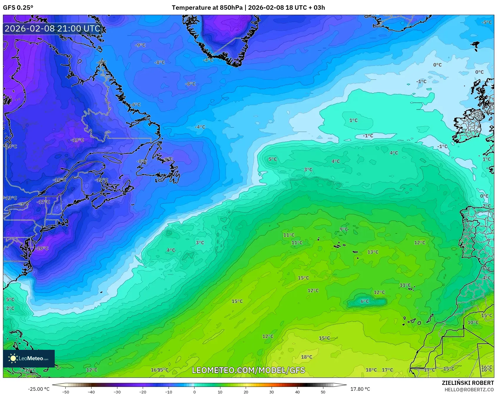 GFS model - North Atlantic, Temperature at 850hPa
