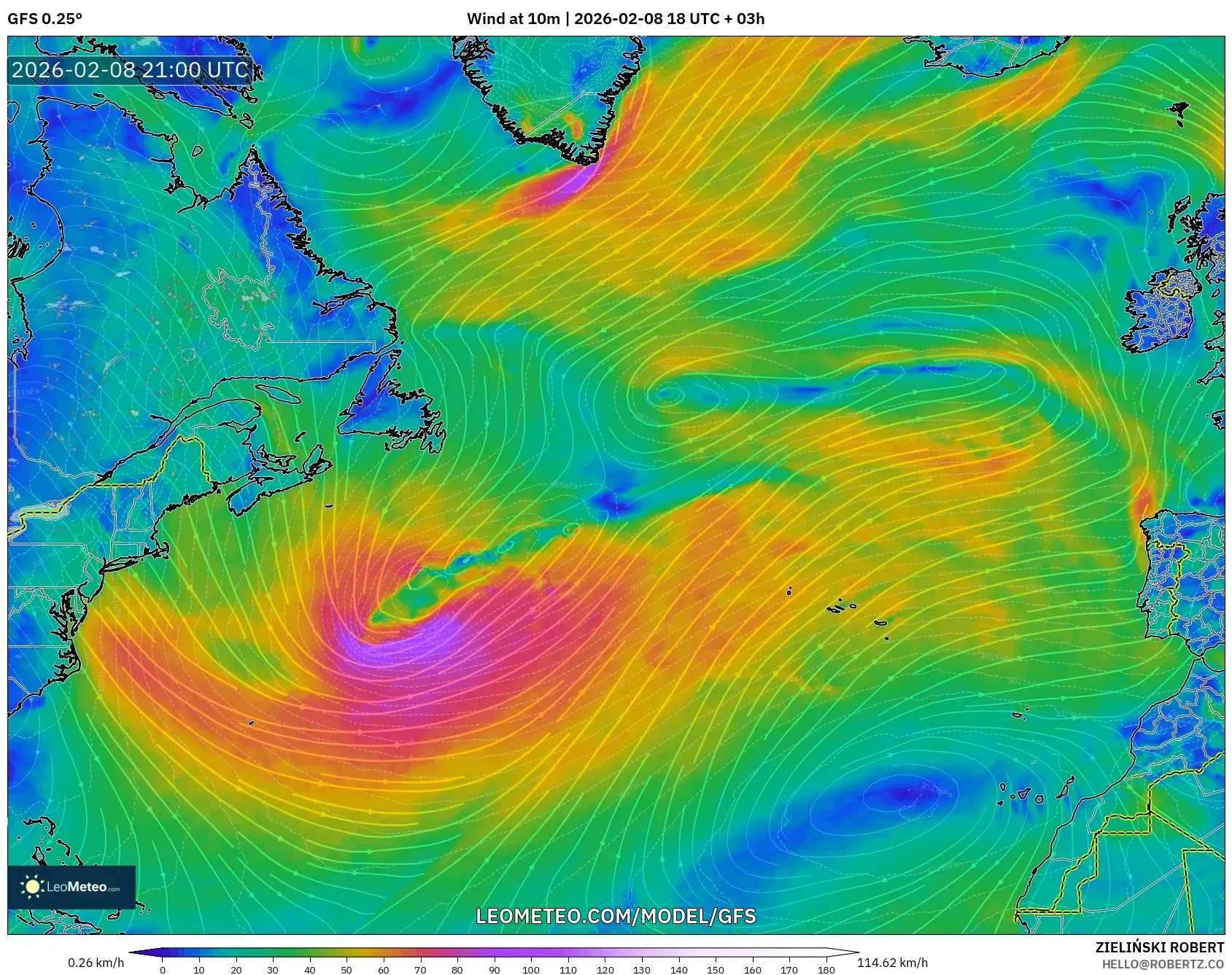 GFS model - Atlantik Utara, Angin 10 m