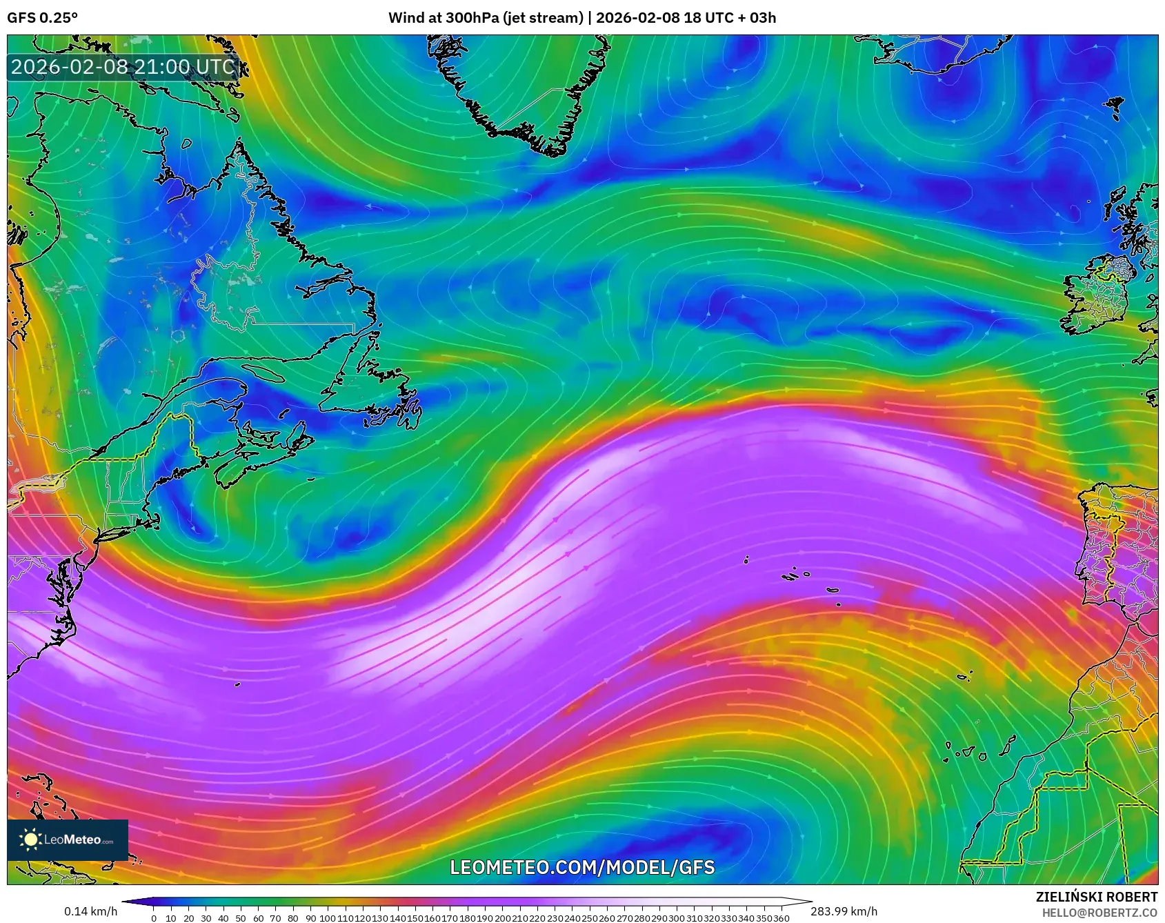 GFS model - North Atlantic, Wind at 300hPa (jet stream)
