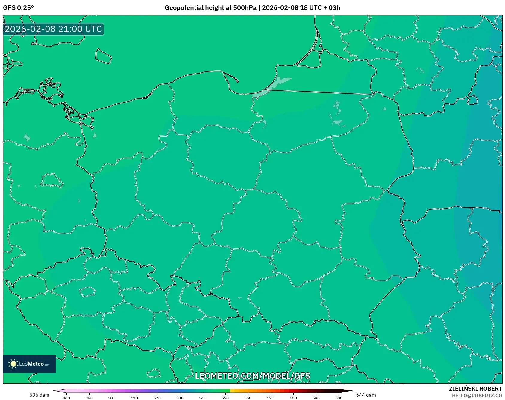 GFS model - Poland, Geopotential height at 500hPa