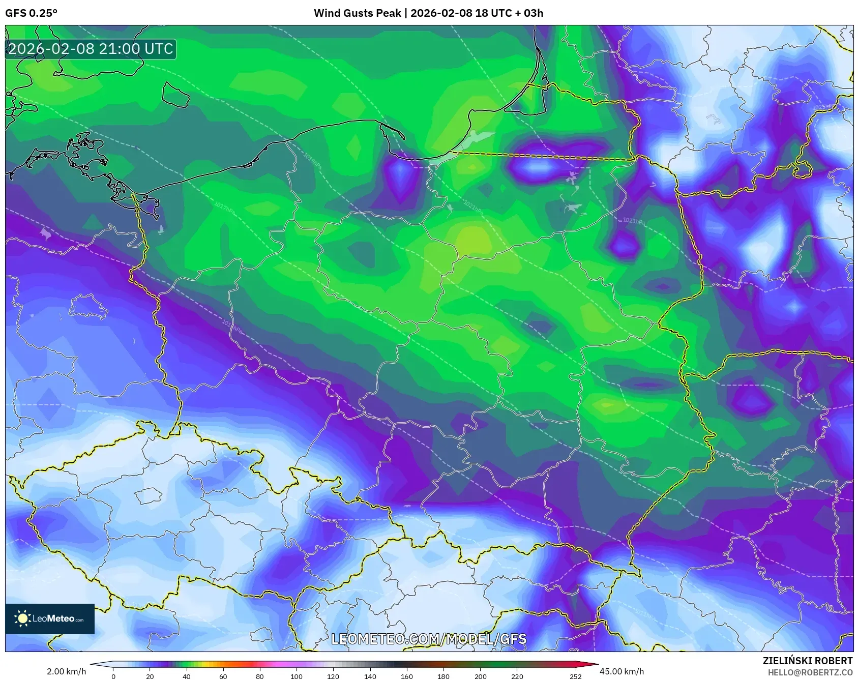 GFS model - Poland, Wind Gusts Peak