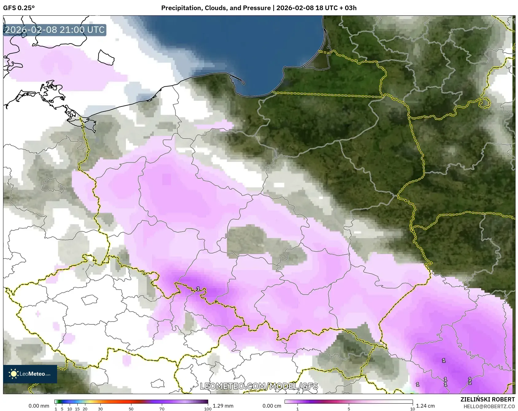GFS model - Poland, Hujan, Awan dan Tekanan
