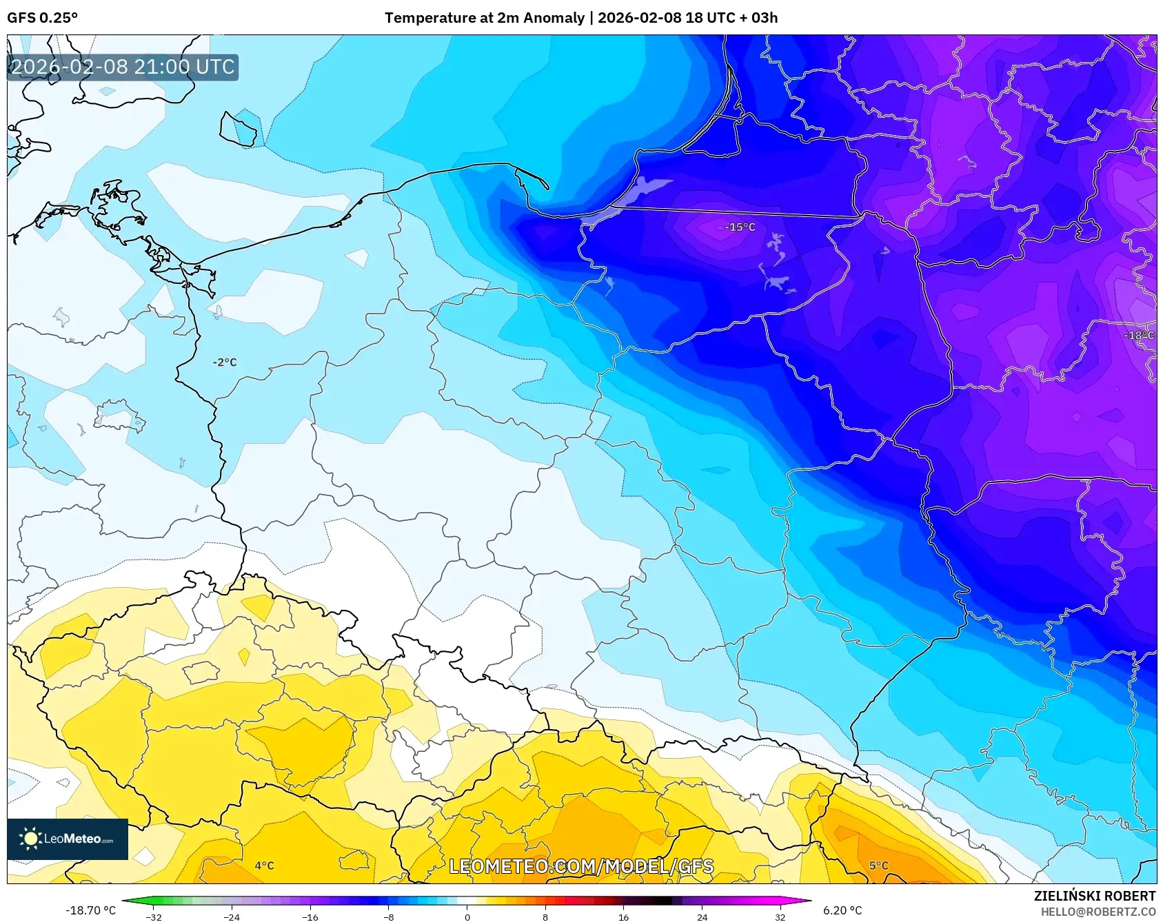 GFS model - Polandia, Anomali Suhu 2 m