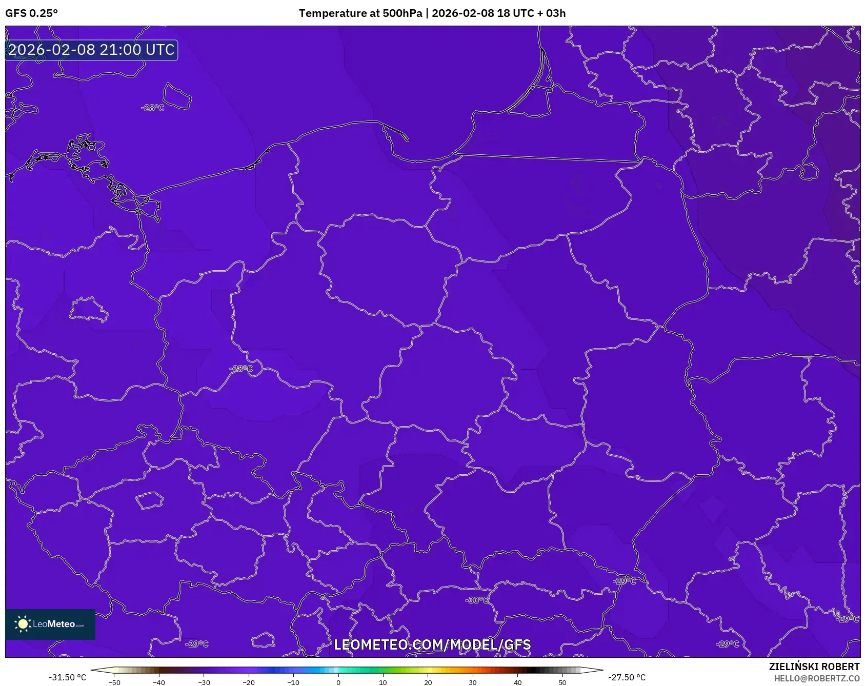 GFS model - Poland, Temperature at 500hPa